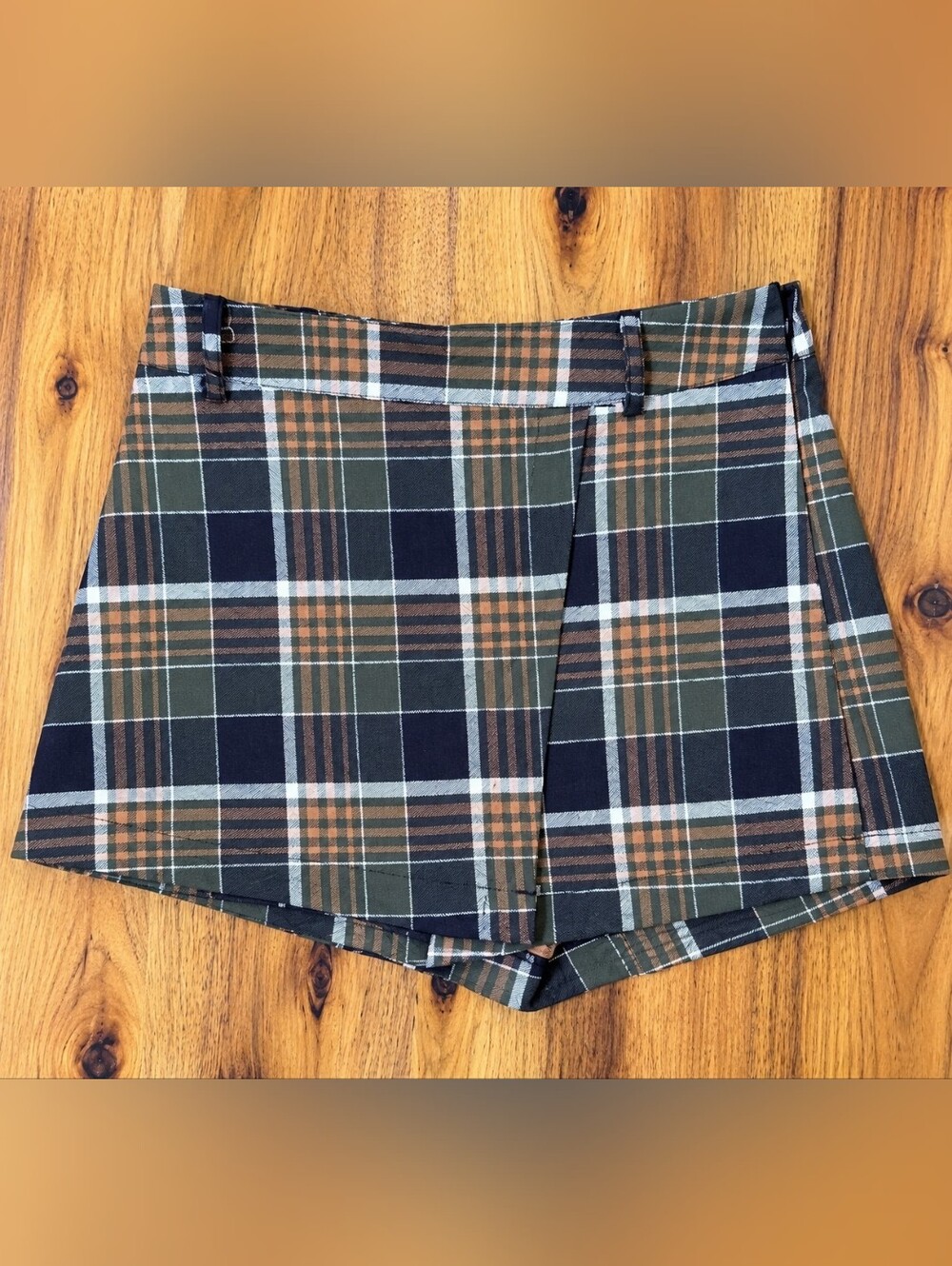 Plaid Belted Women’s Mini Skort - Olive, Tan & Black